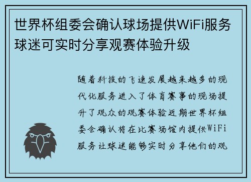 世界杯组委会确认球场提供WiFi服务球迷可实时分享观赛体验升级